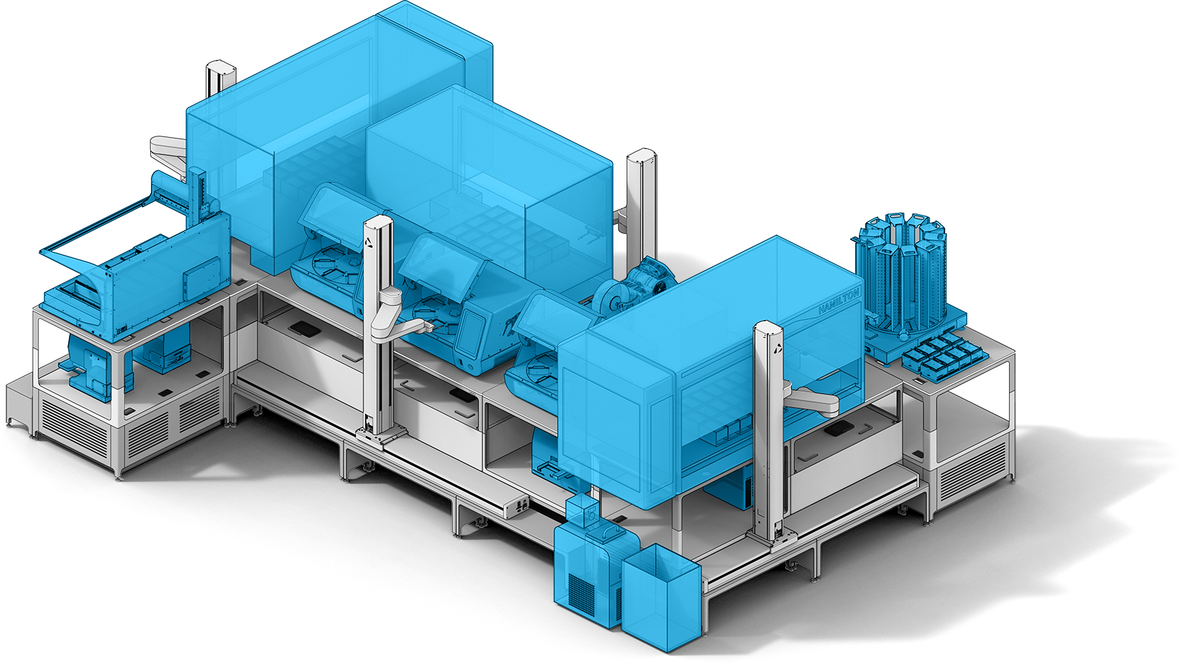 Isometric view of a modular laboratory automation system with multiple interconnected robotic and processing units highlighted in blue.