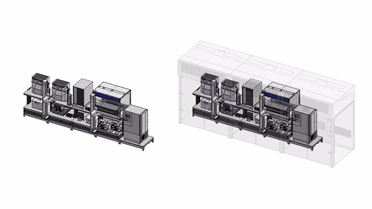 3D render of a Cell Culture system with multiple instruments, shown with and without cabinet