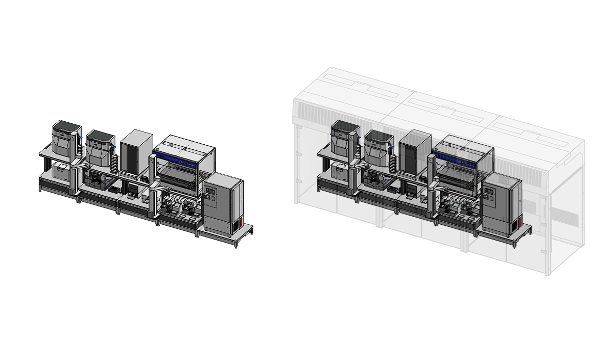 3D digital rendering of a cell culture automation system featuring multiple instruments, with a transparent overlay showing it housed inside a cabinet.