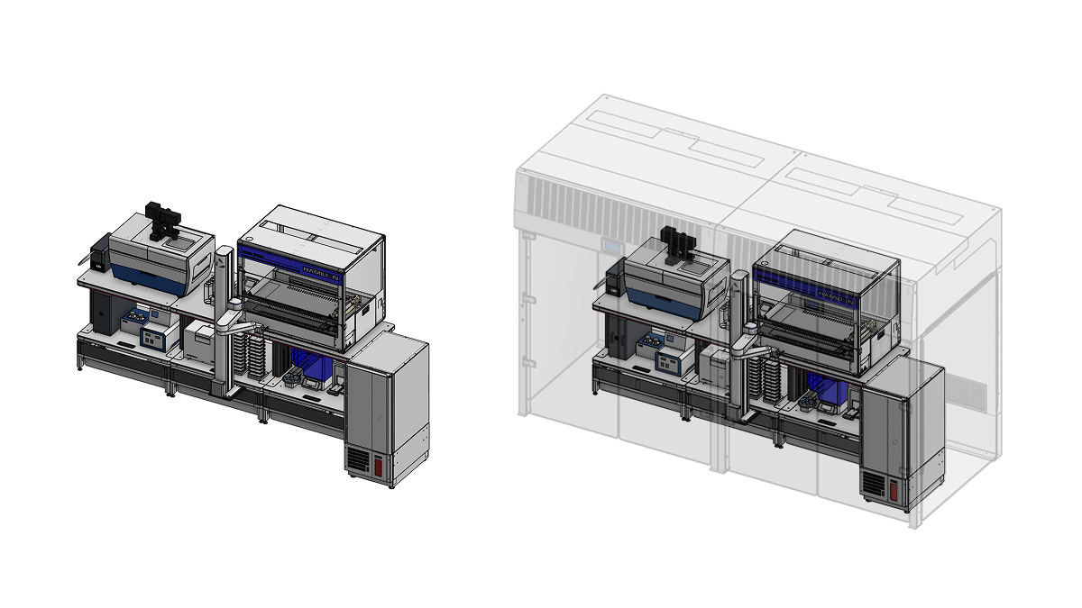 3D digital rendering of a high content screening and imaging automation system featuring multiple instruments, with a transparent overlay showing it housed inside a cabinet.