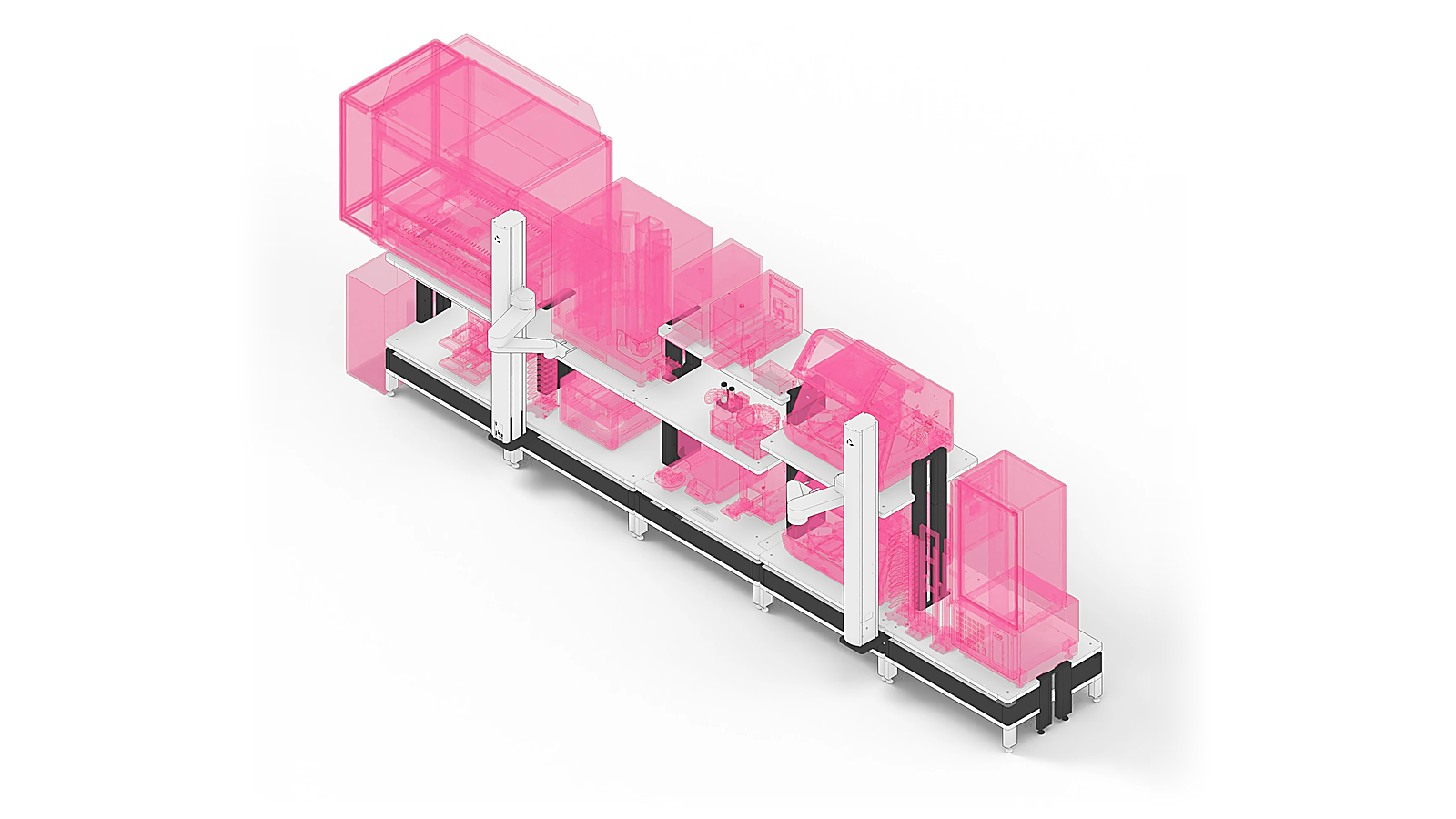 3D rendering of a laboratory automation system with multiple workstations highlighted in translucent pink, connected in a large LINQ workcell.