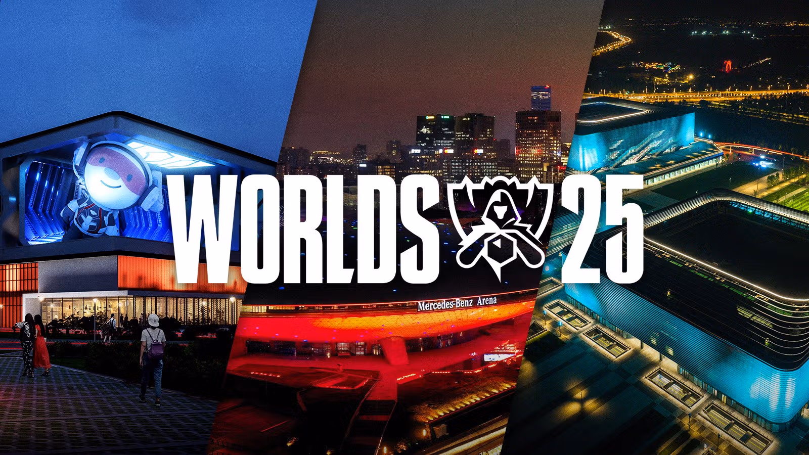 Worlds 2025 Logo on top of the Beijing Smart Esports Center, the Mercedes-Benz Arena in Shanghai and the Dong'an Lake Sports Park Multifunctional Gymnasium in Chengdu, China.