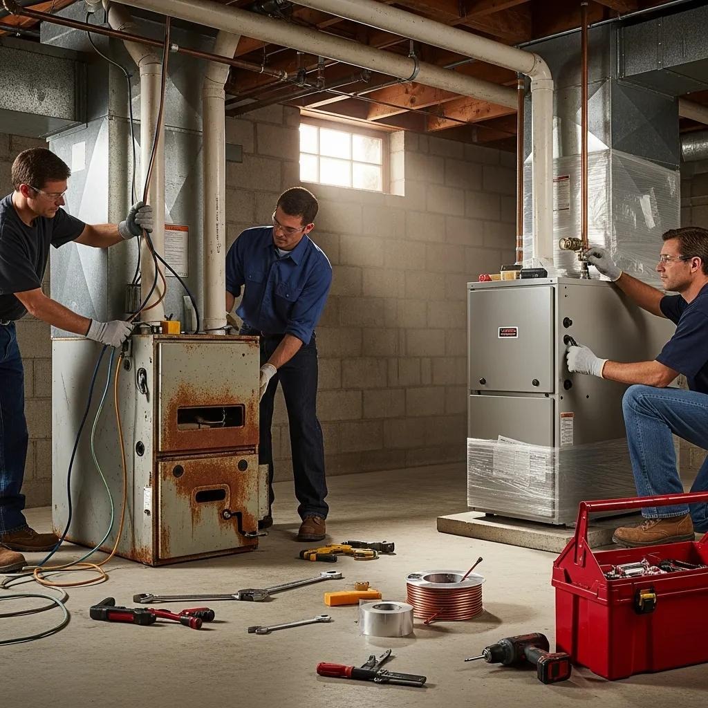 Older furnace being replaced with a new high-efficiency model to improve home heating performance