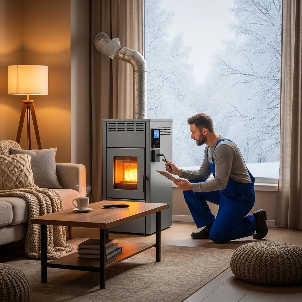Technician installing a modern furnace in a cozy living room — dependable home heating solutions