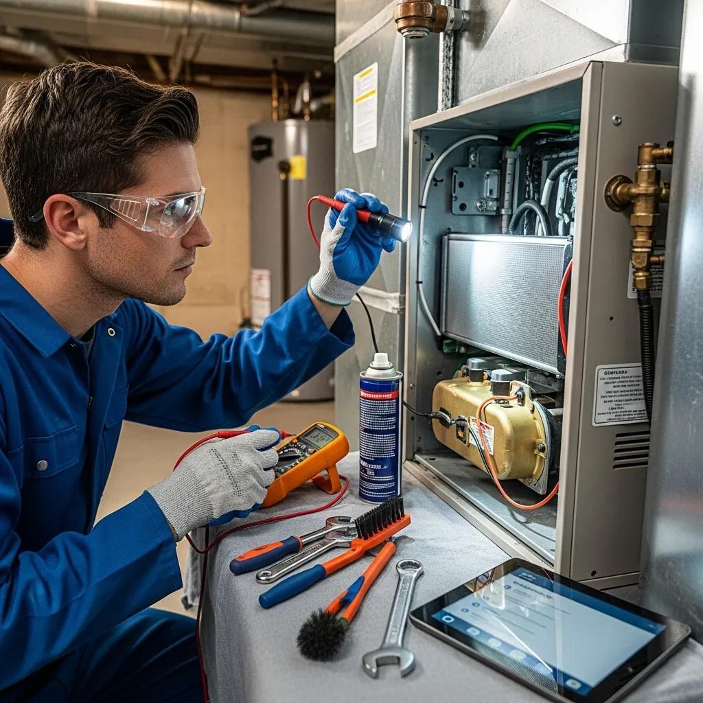 HVAC technician performing a furnace tune-up to ensure safe, efficient operation