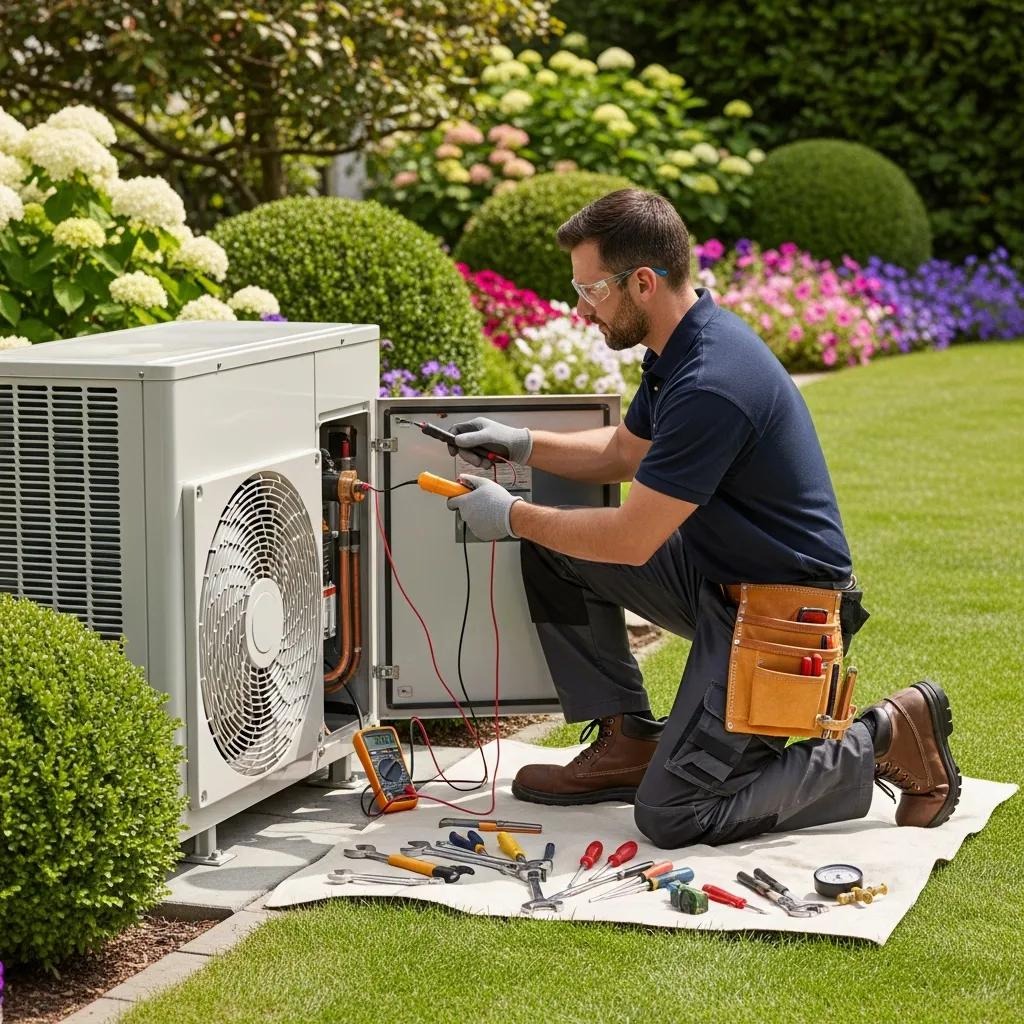Technician checking an outdoor heat pump unit for common issues