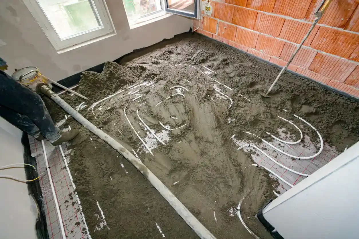 Worker pouring concrete over embedded underfloor heating pipes in a brick-walled room under construction.