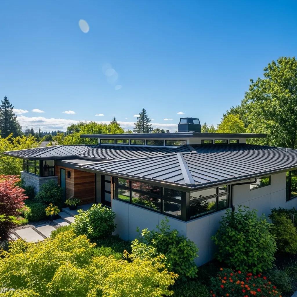 Contemporary house with a metal roof catching sunlight, highlighting efficiency and curb appeal
