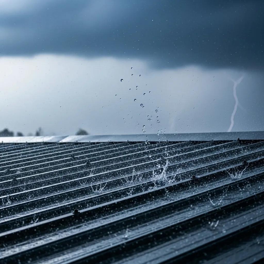 Close-up of a metal roof shedding heavy rain, illustrating weather resistance