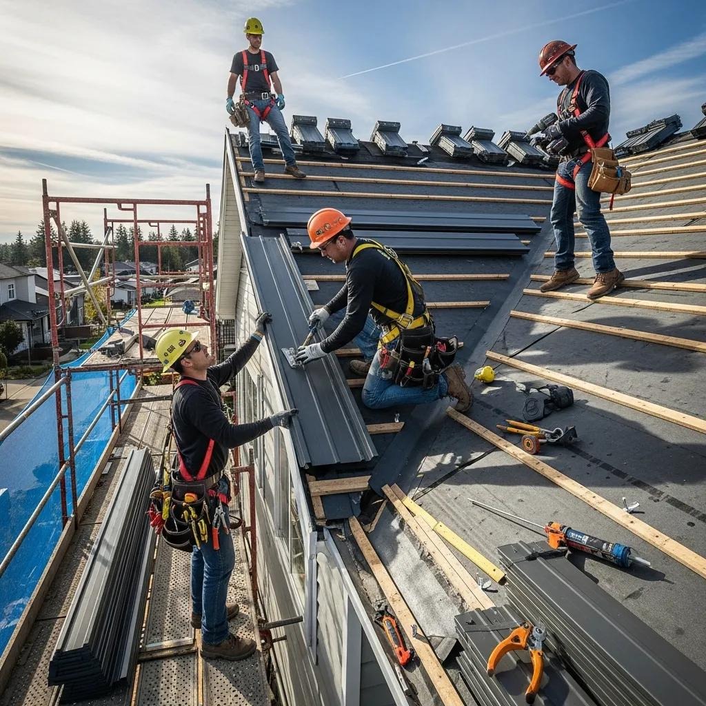 Professional roofing crew fitting metal panels, showing the installation steps