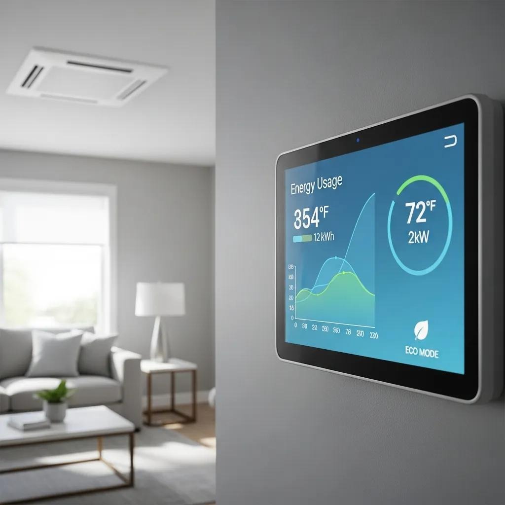 Smart thermostat interface in a modern living room, showcasing integration with high-efficiency HVAC systems