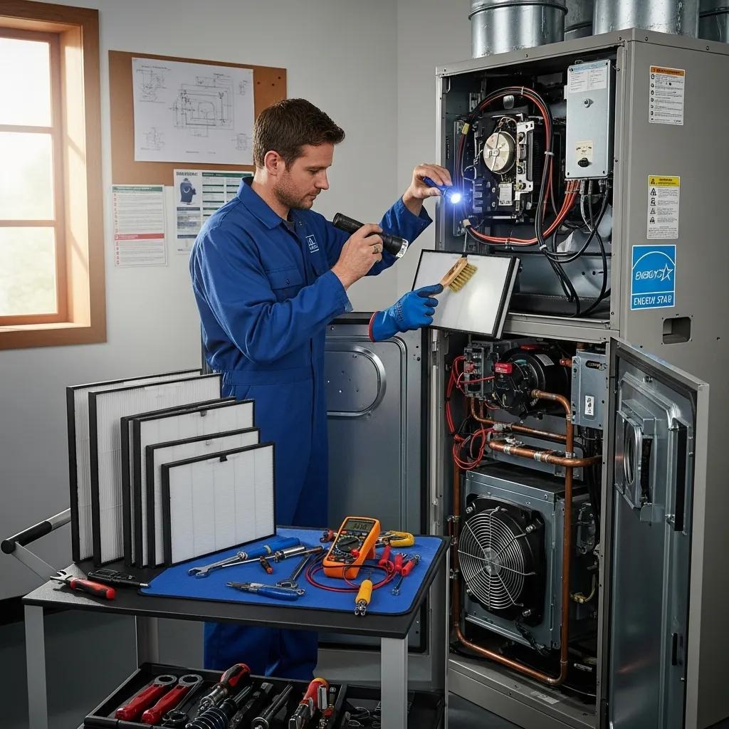 Technician performing maintenance on a high-efficiency HVAC system, emphasizing energy savings