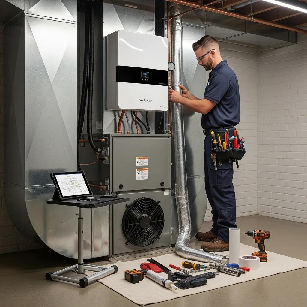 HVAC technician installing an advanced air filtration system in a modern home