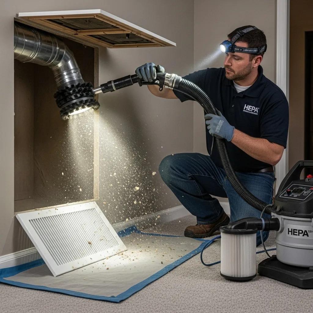 Technician performing duct cleaning in a residential setting, removing dust and debris