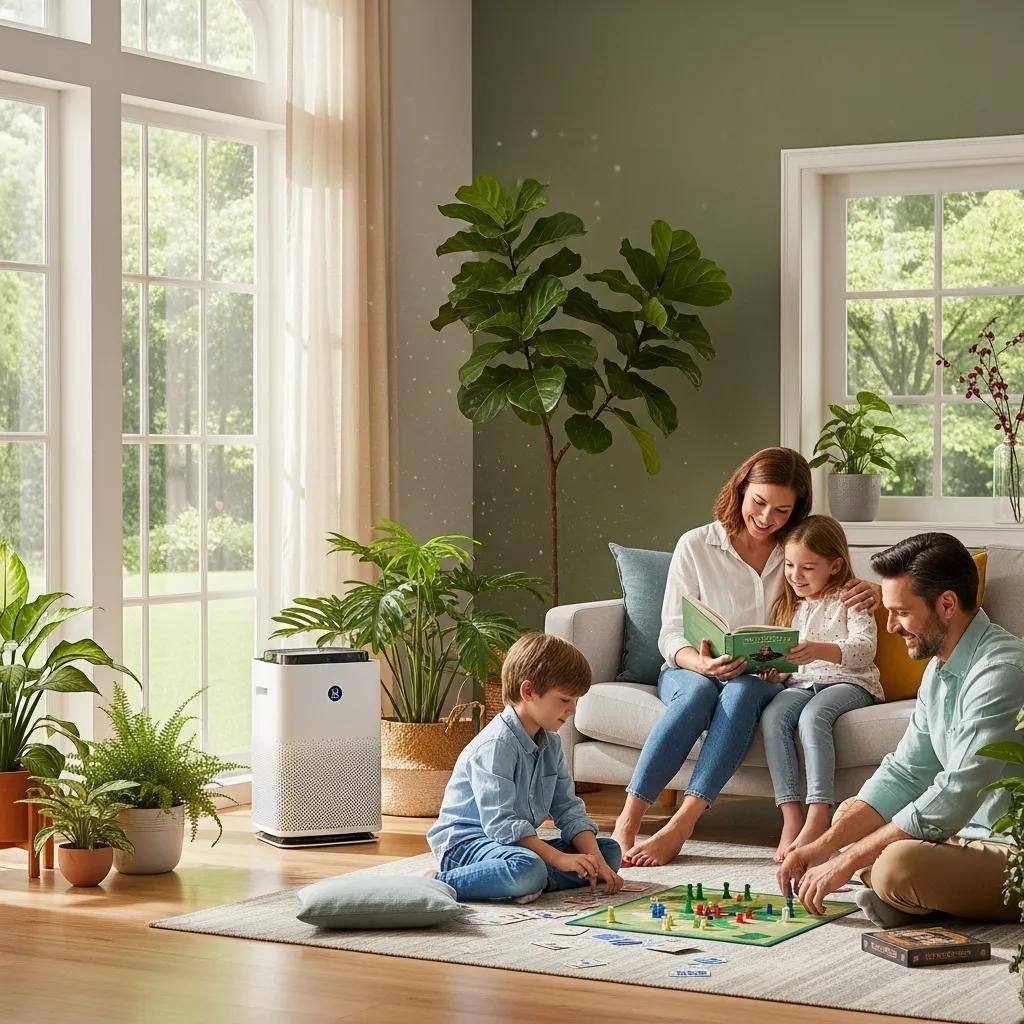 Family enjoying clean indoor air in a bright living room with plants and an air purifier
