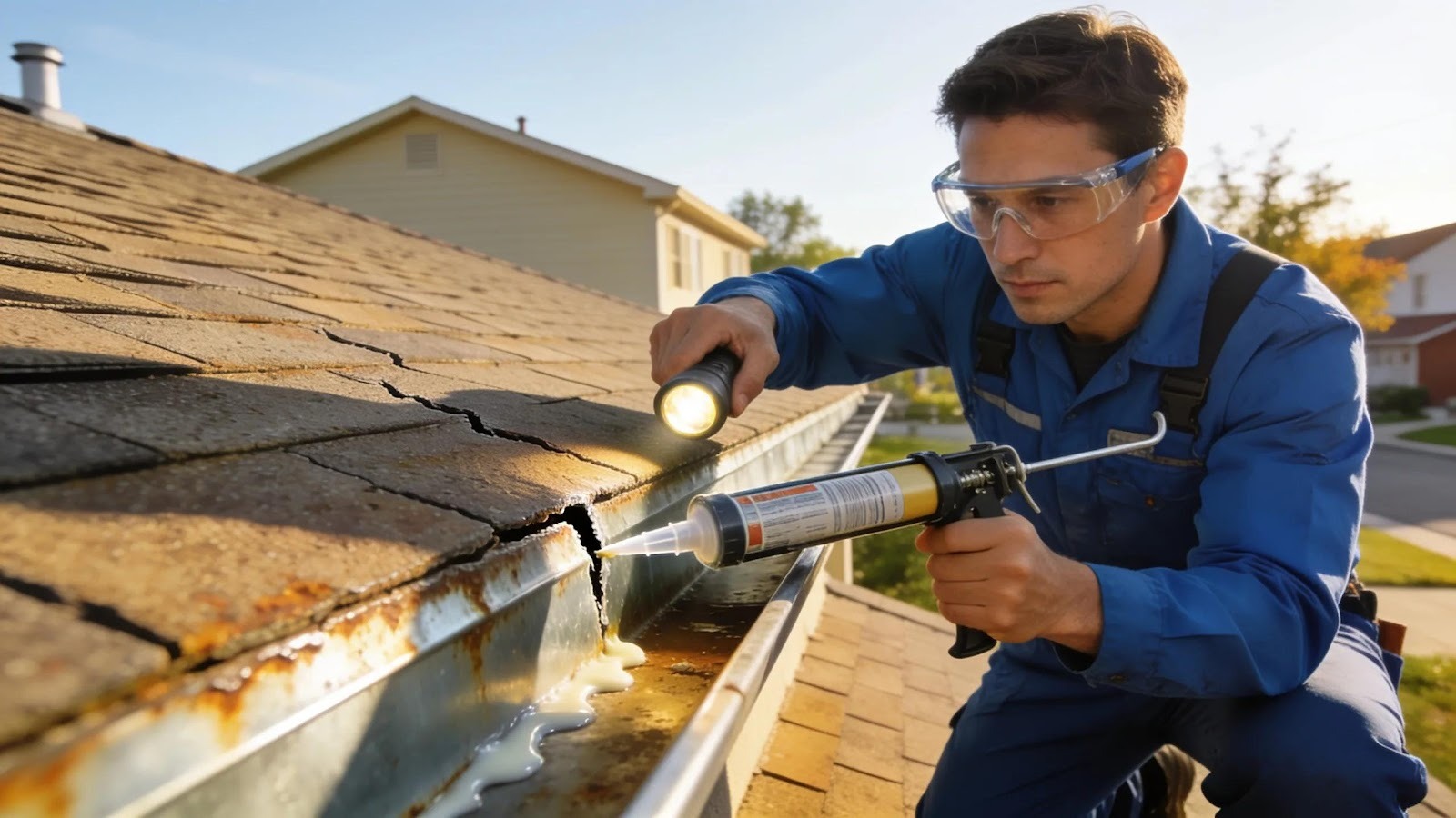 Technician performing maintenance on metal flashing, demonstrating repair practices for longevity