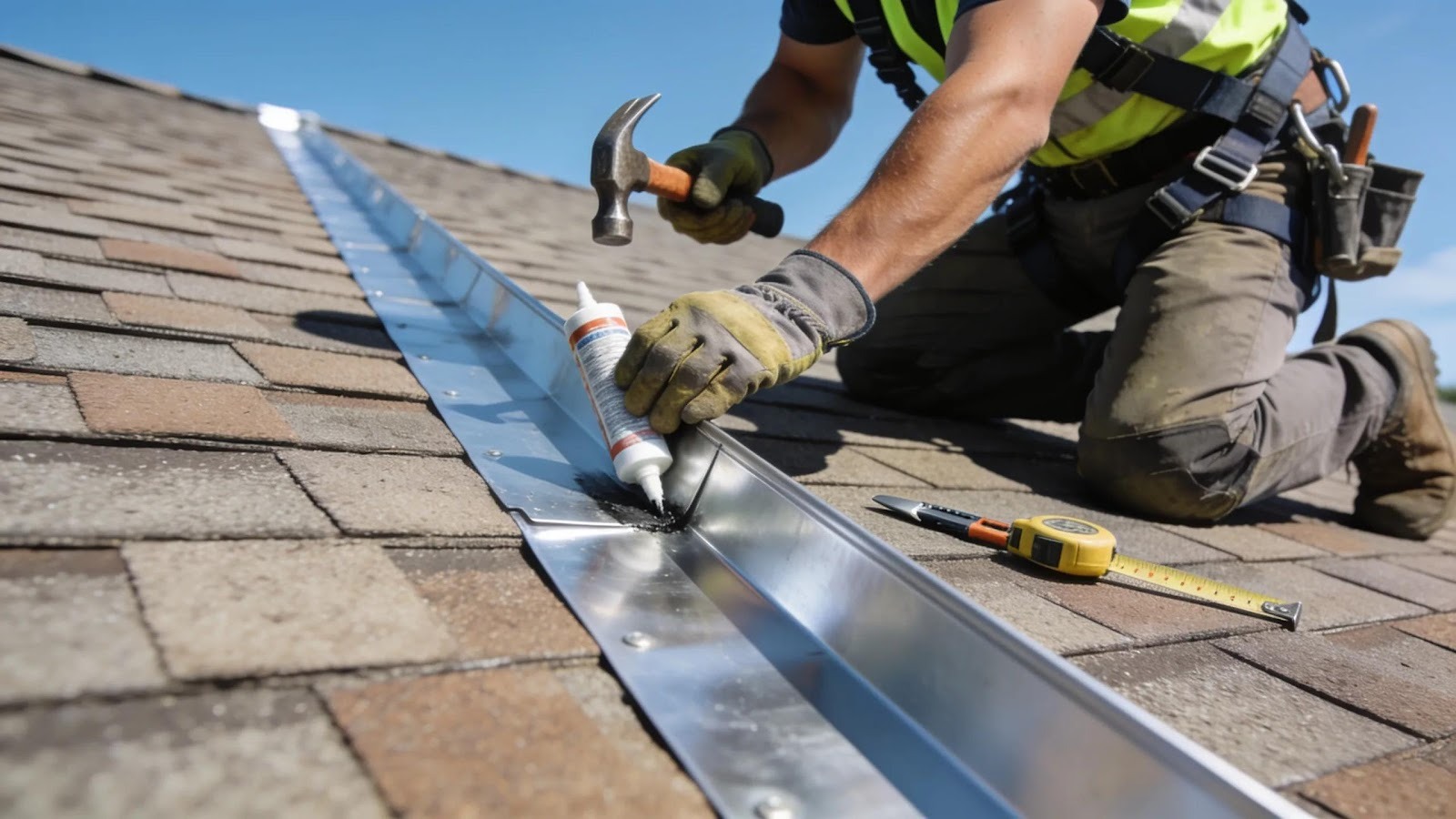 Professional installer applying metal flashing on a roof, showcasing installation techniques for waterproofing