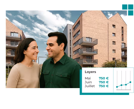 Couple souriant devant un immeuble résidentiel en brique avec un encart montrant des loyers constants de 750 € en mai, juin et juillet et un graphique en hausse.
