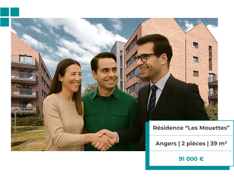 Un couple souriant serre la main d'un homme en costume devant un immeuble résidentiel moderne en brique, avec une étiquette indiquant Résidence « Les Mouettes », Angers, 2 pièces, 39 m², 91 000 €.