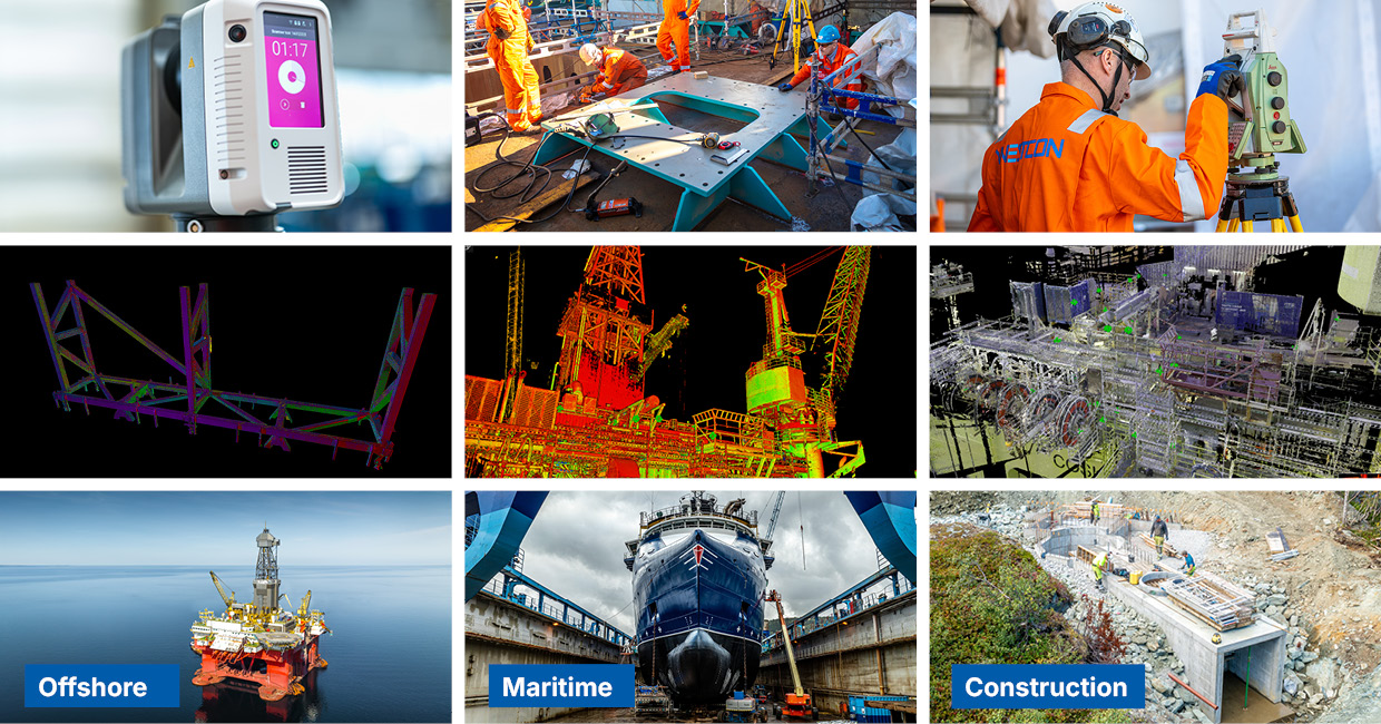 Kollasj av bilder som viser teknologibruk i offshore, maritim og byggesektorer, inkludert 3D-skanning, ingeniører i arbeid og industrielle installasjoner.