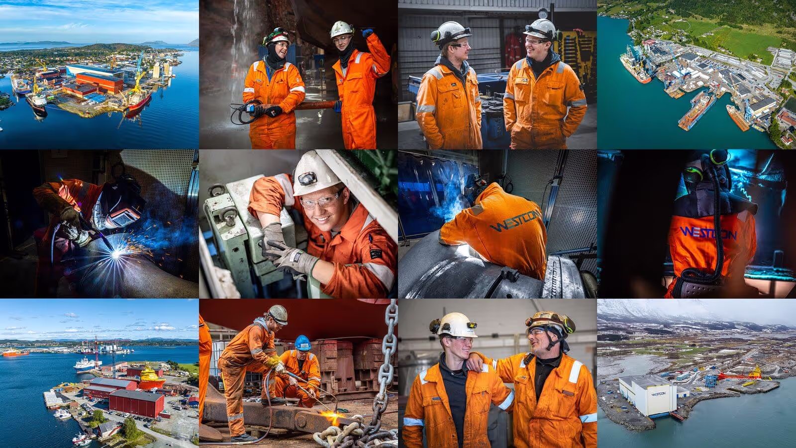 Bildecollage av ulike motiver av ansatte og verft.