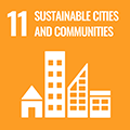 Logo for Sustainable Development Goal 11 featuring white icon of a house and various buildings on an orange background.