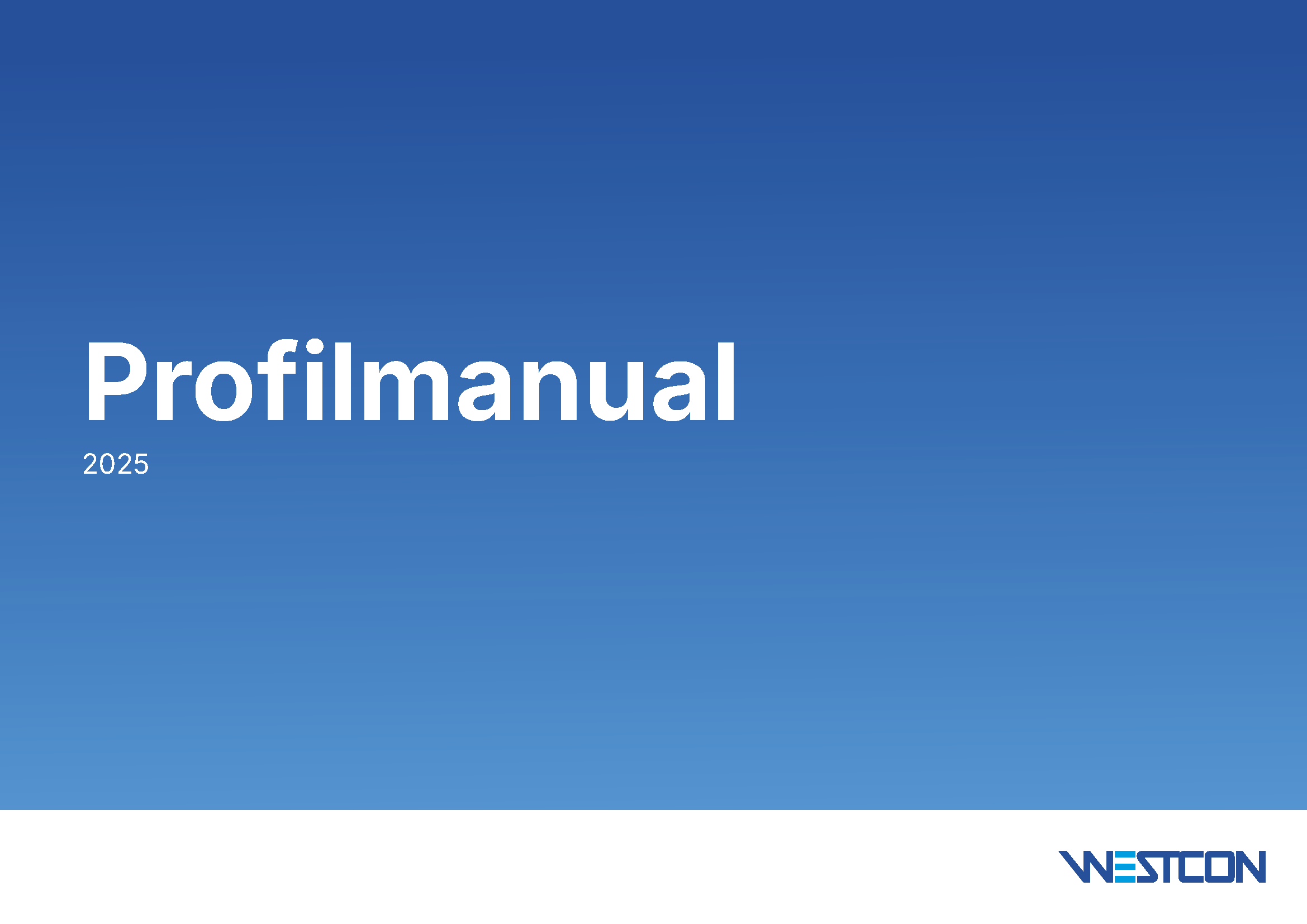 Forside av Westcon profilmanual 2025 med blå gradient bakgrunn og logo nederst til høyre.