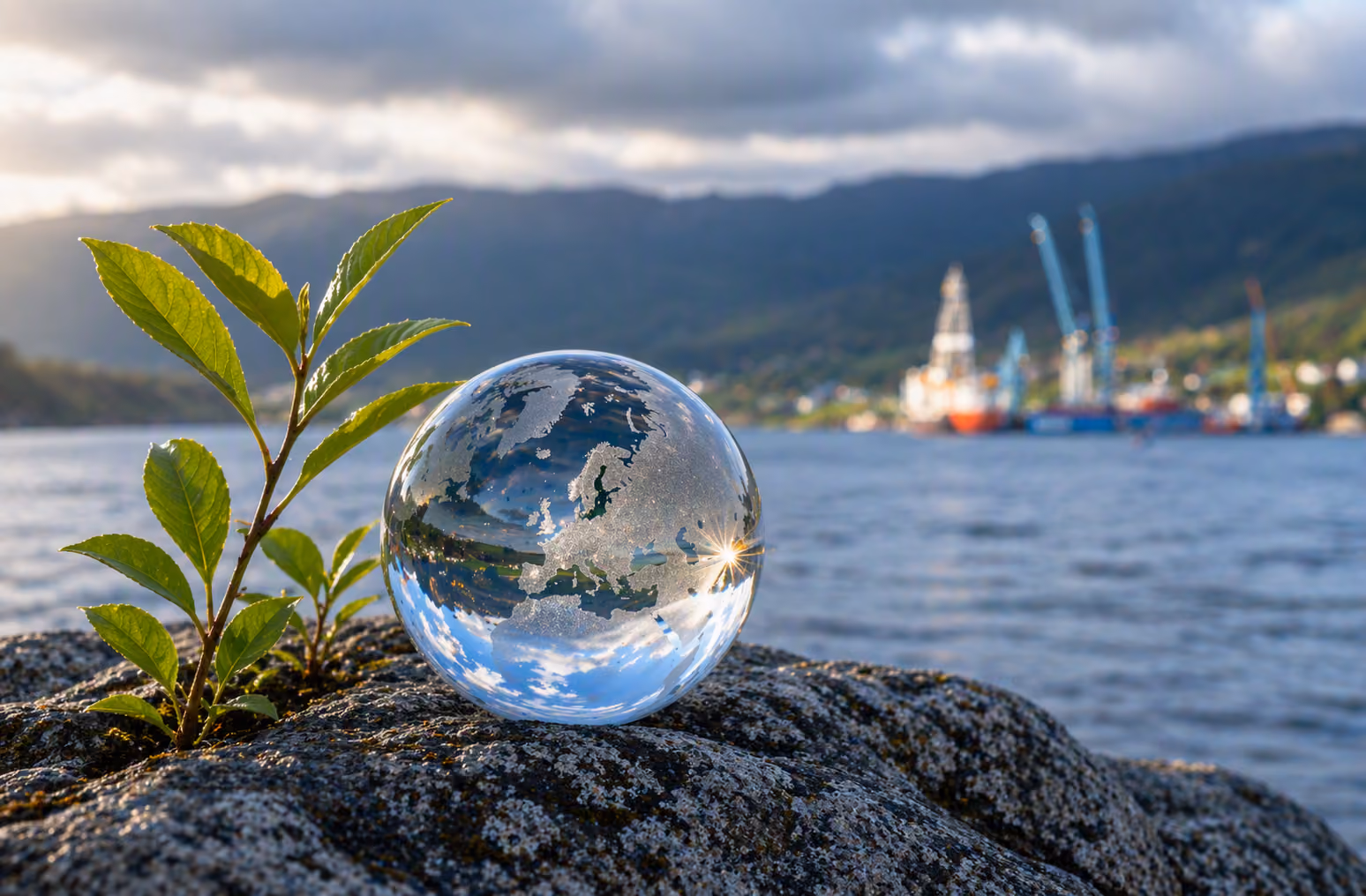 Glass globe reflecting Europe sits on a rock beside green plant by water under cloudy sky.