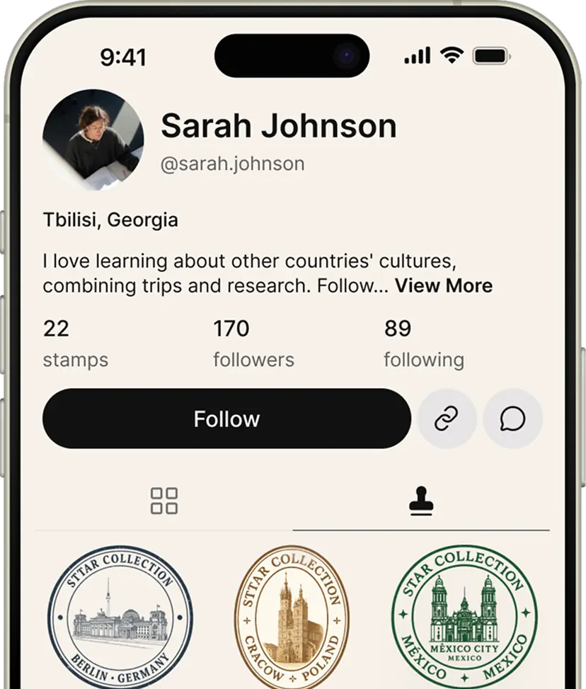 Profile of Sarah Johnson from Tbilisi, Georgia, showing 22 stamps, 170 followers, 89 following, with follow button and travel stamp icons for Berlin, Cracow, and Mexico City.