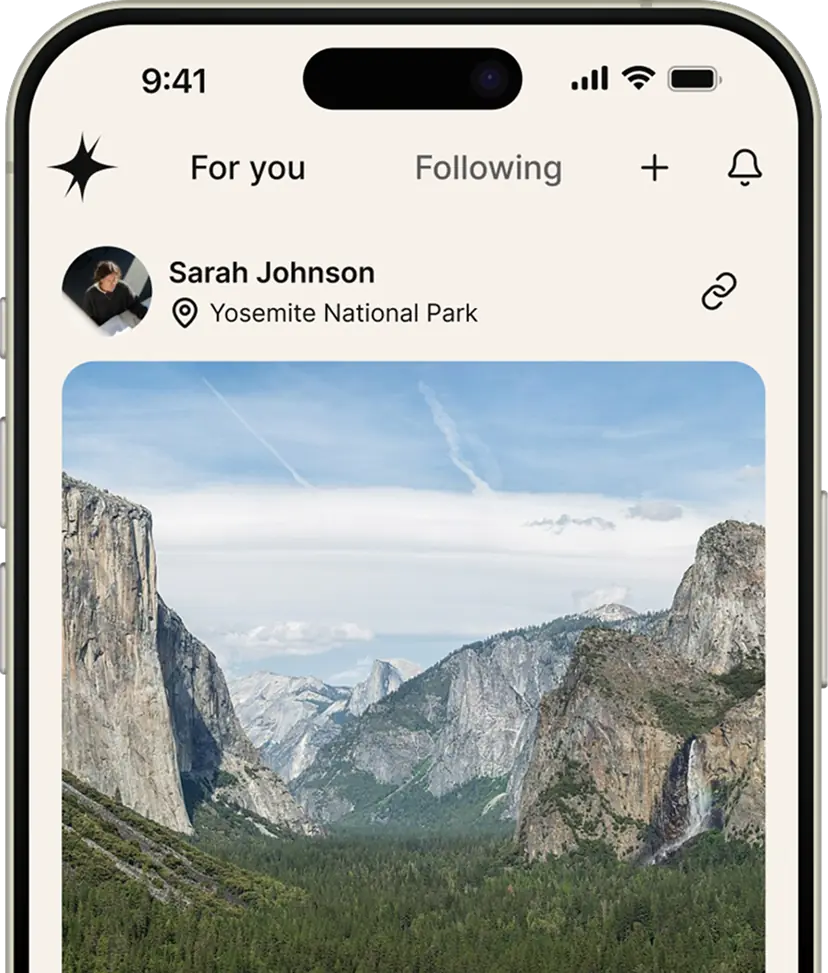 Smartphone screen showing a social media post by Sarah Johnson with a photo of Yosemite National Park featuring rocky cliffs, forest, and waterfall under a blue sky.
