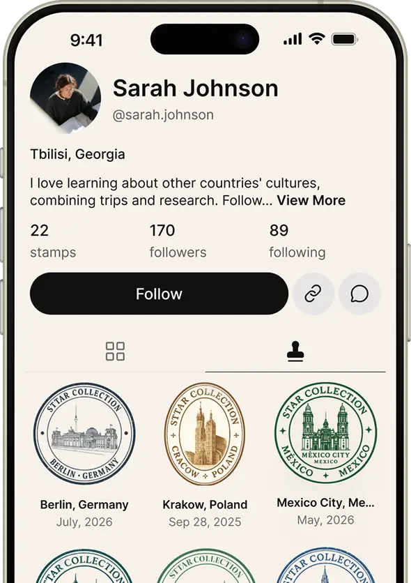 Mobile app profile of Sarah Johnson from Tbilisi, Georgia, showing 22 stamps and 170 followers, with stamps collection from Berlin, Krakow, and Mexico City.