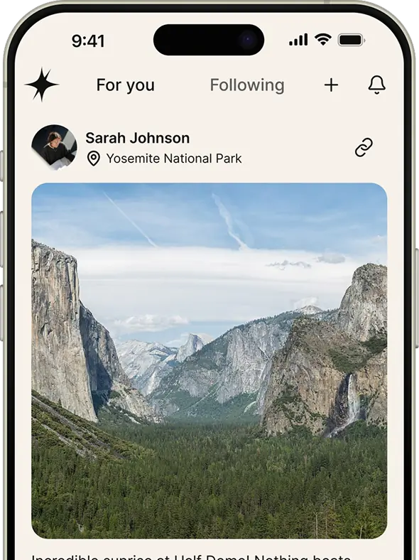 Mobile screen showing a social media post by Sarah Johnson at Yosemite National Park with a photo of a lush green valley surrounded by towering rocky cliffs and a waterfall under a partly cloudy sky.