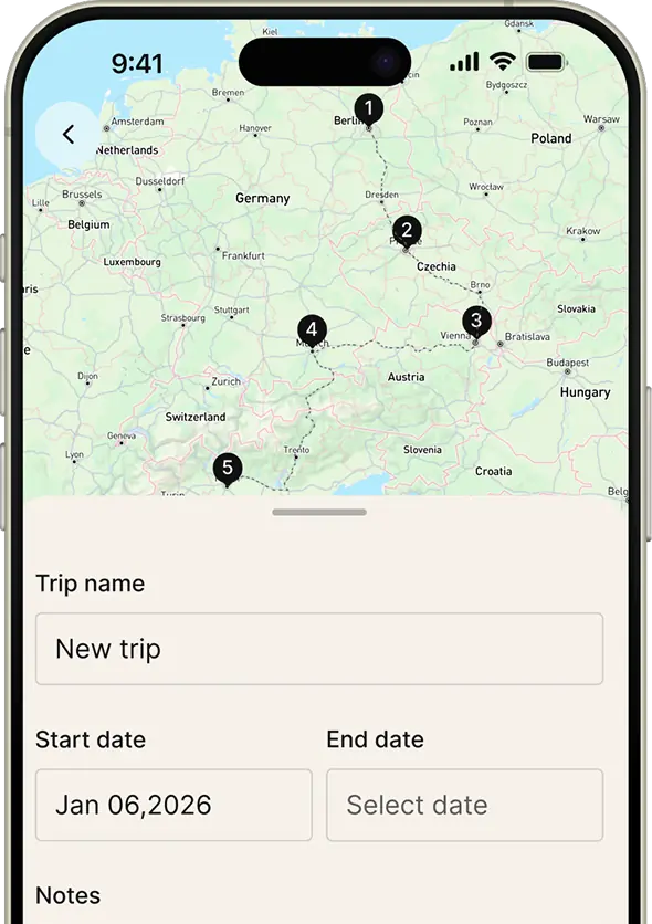 Smartphone screen showing a travel app with a map of central Europe marked with a five-stop trip route numbered from Berlin to southern Italy, with fields to enter trip name, start date, and end date.