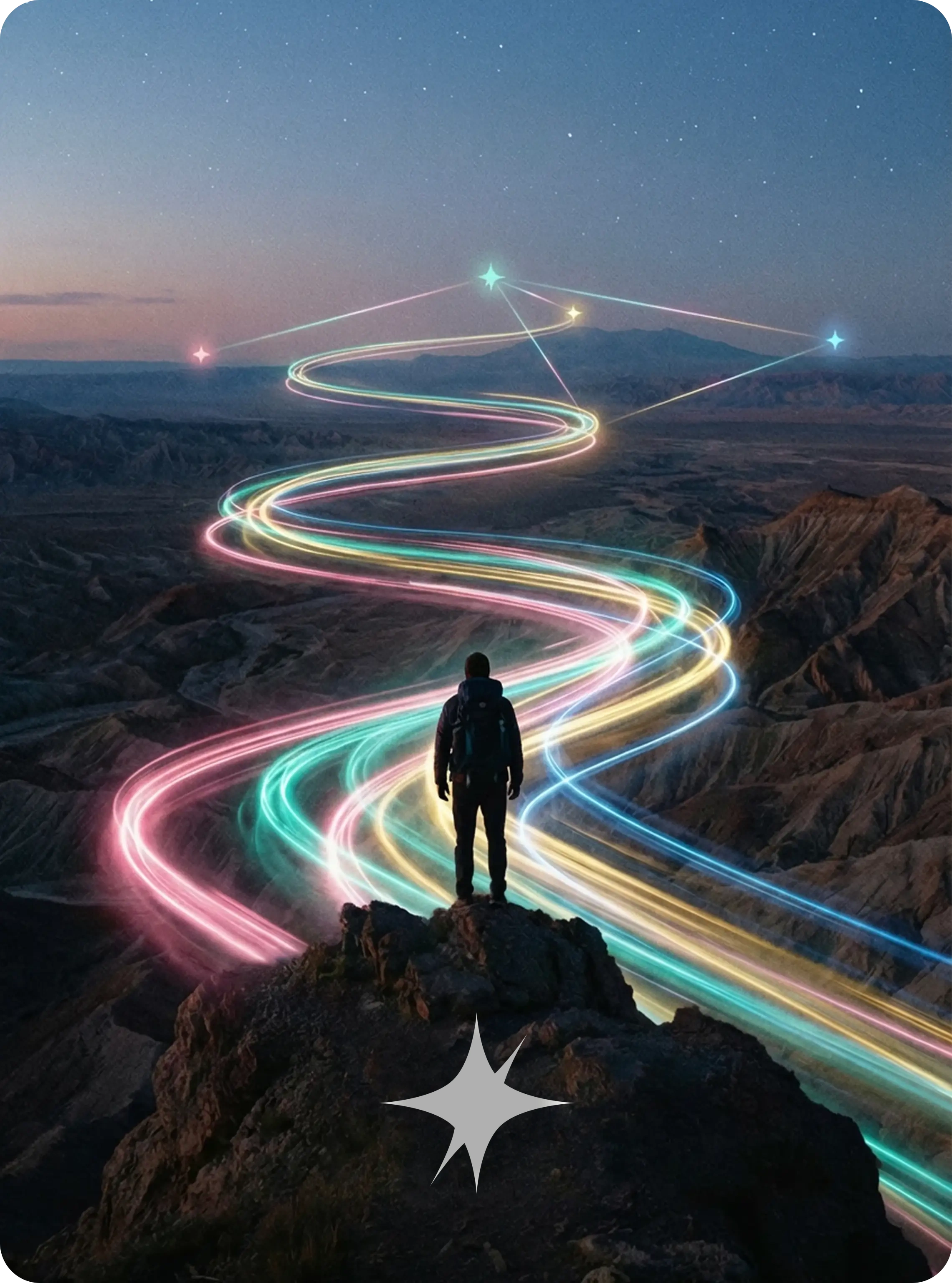 Person on a mountain with a color trail and a Sttar logo