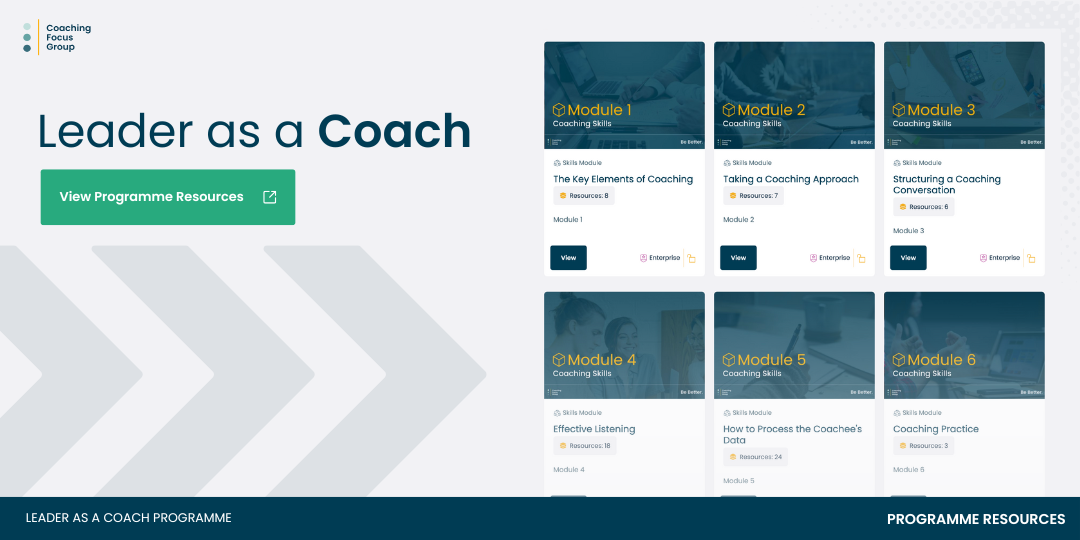 A digital graphic promoting Coaching Focus Group’s Leader as a Coach Programme Resources. The design shows six online learning modules titled: The Key Elements of Coaching, Taking a Coaching Approach, Structuring a Coaching Conversation, Effective Listening, How to Process the Coachee’s Data, and Coaching Practice. The background features grey directional arrows and the Coaching Focus Group logo, with the web link coaching-focus.com/leader-as-coach displayed at the bottom.