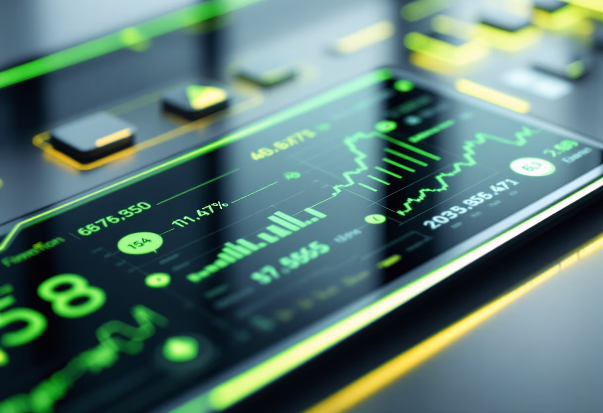 AI-powered trading interface displaying live stock indicators and analysis metrics