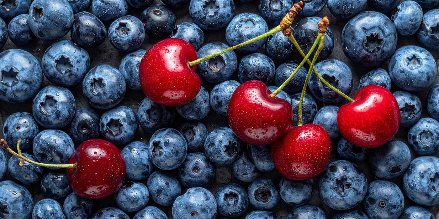 Glossy red cherries with stems on a pile of fresh blueberries with water droplets.