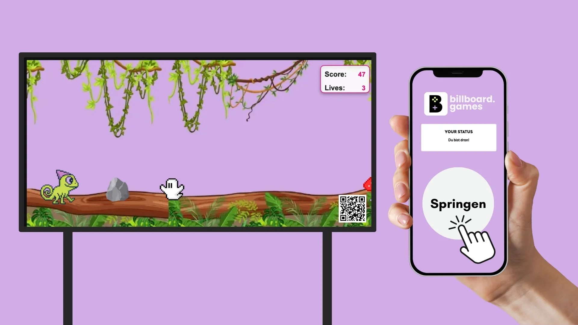 Jump-and-Run-Spiel mit Chamäleon, gesteuert per Smartphone über billboard.games Display