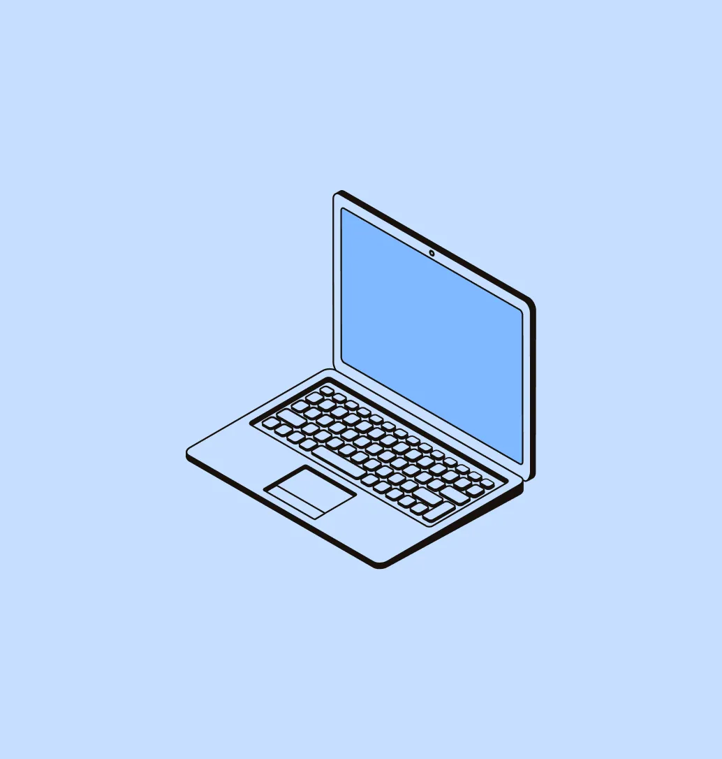 Isometric illustration of a laptop with a blue screen on a light blue background.