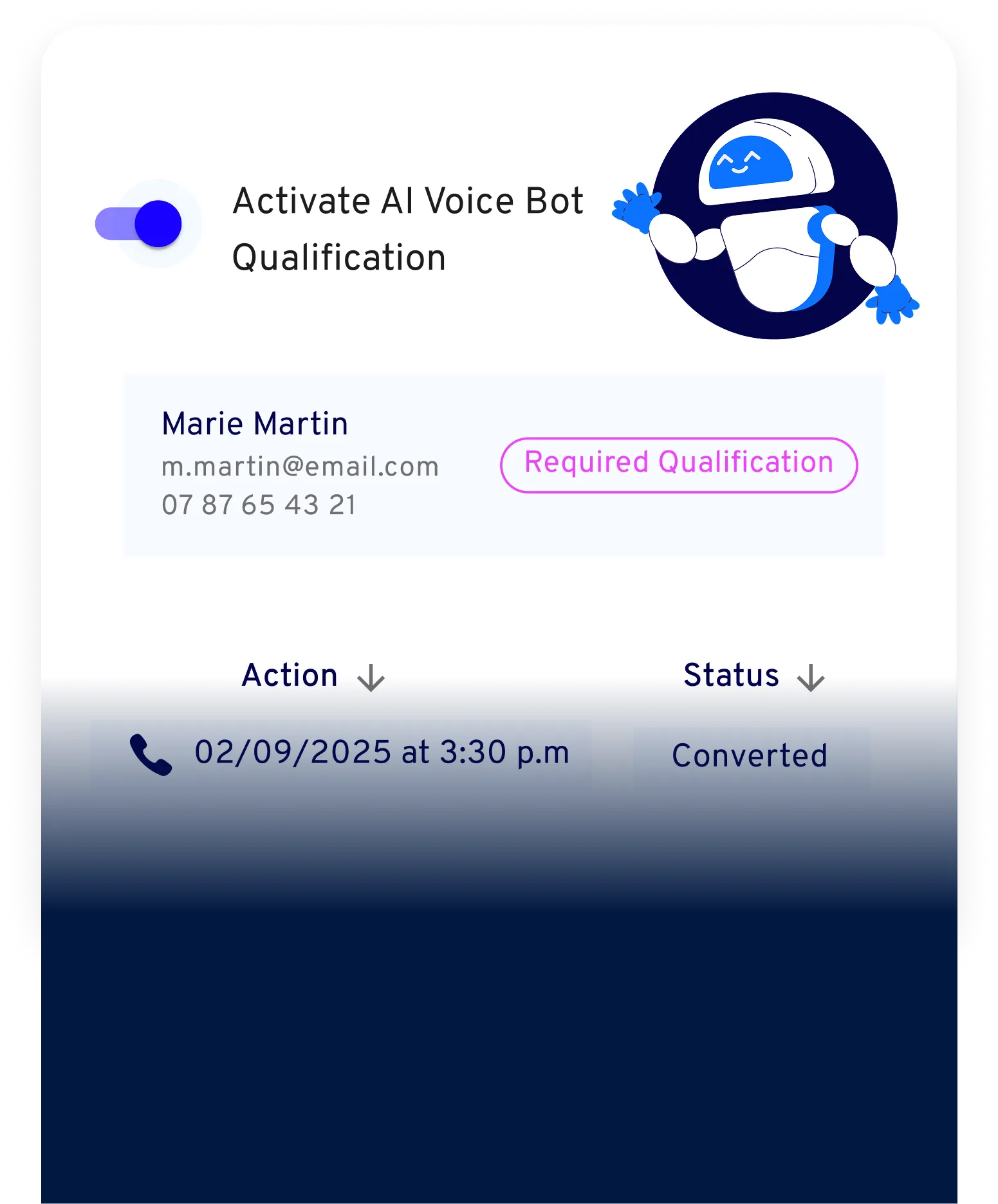 Interface showing activation toggle for AI Voice Bot Qualification with contact details of Marie Martin, scheduled call on 02/09/2025 at 3:30 p.m. and status converted.