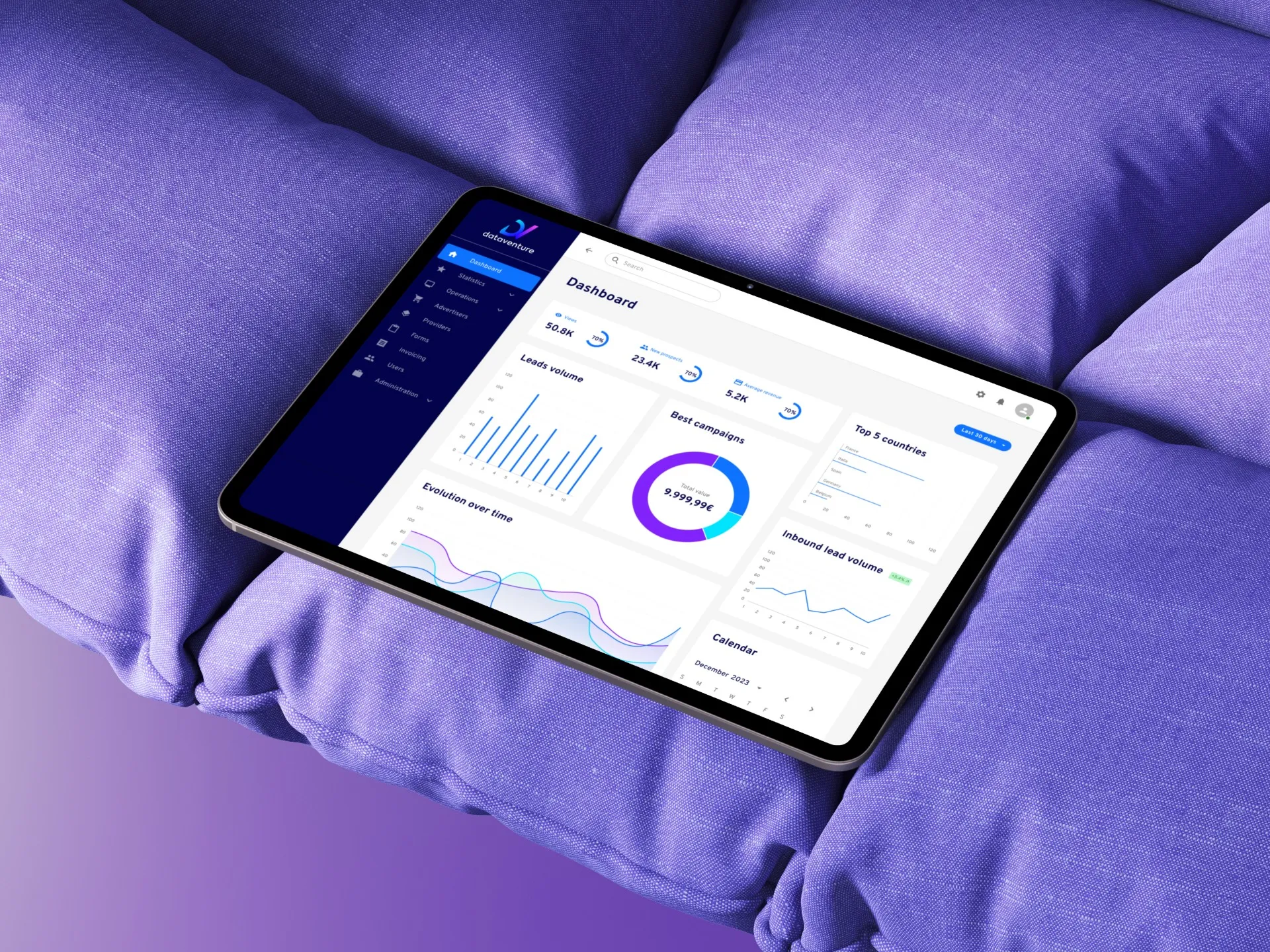 Tablet displaying a data dashboard with charts and statistics resting on a purple cushion.