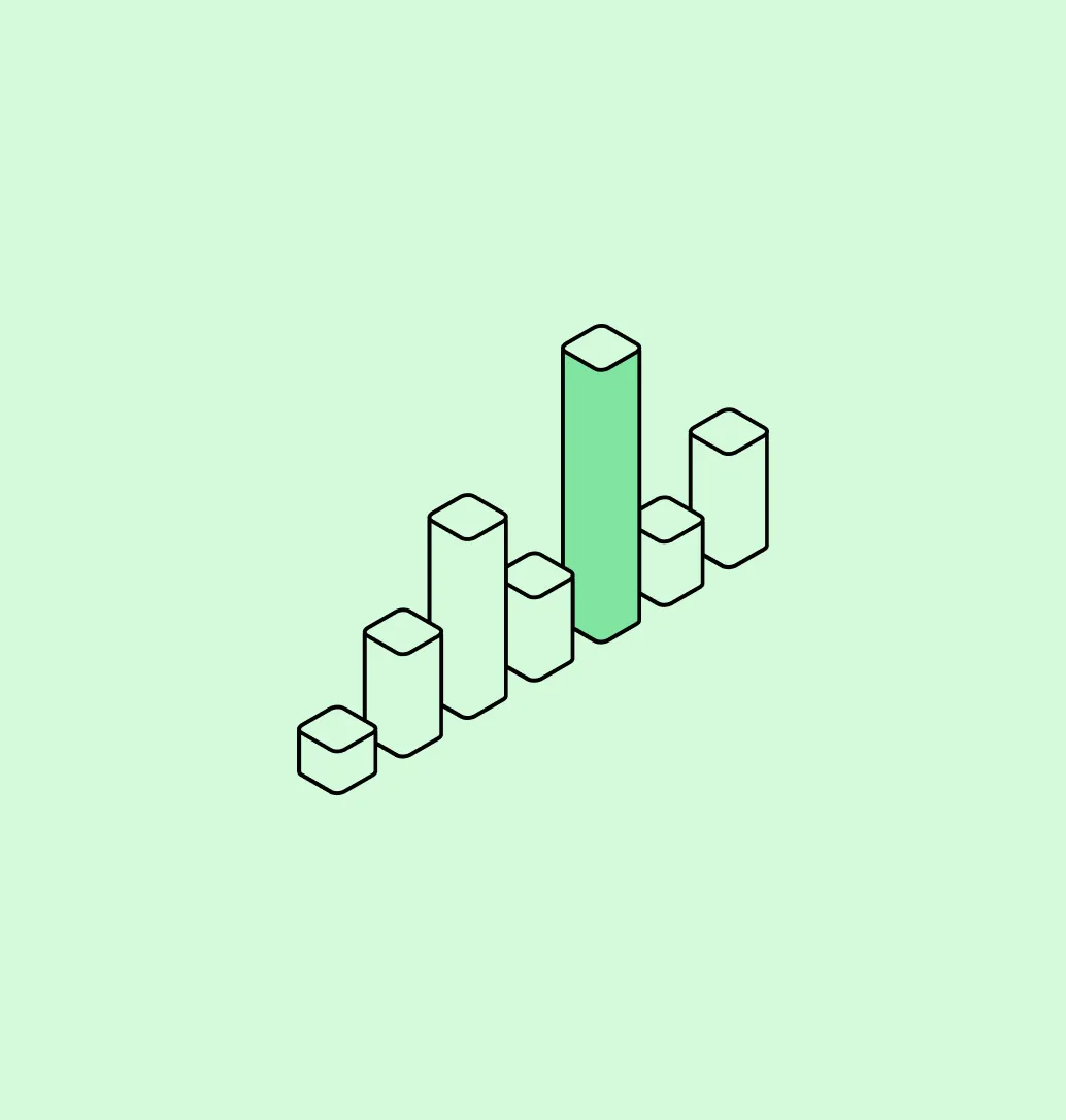Stylized isometric bar chart with seven bars of varying heights on a light green background, the tallest bar is shaded green.