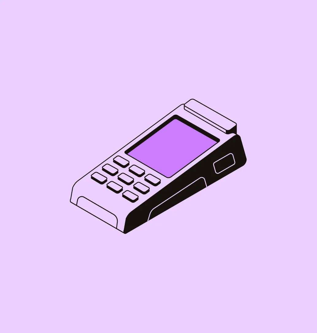 Illustration of a payment terminal with keypad and screen on a purple background.
