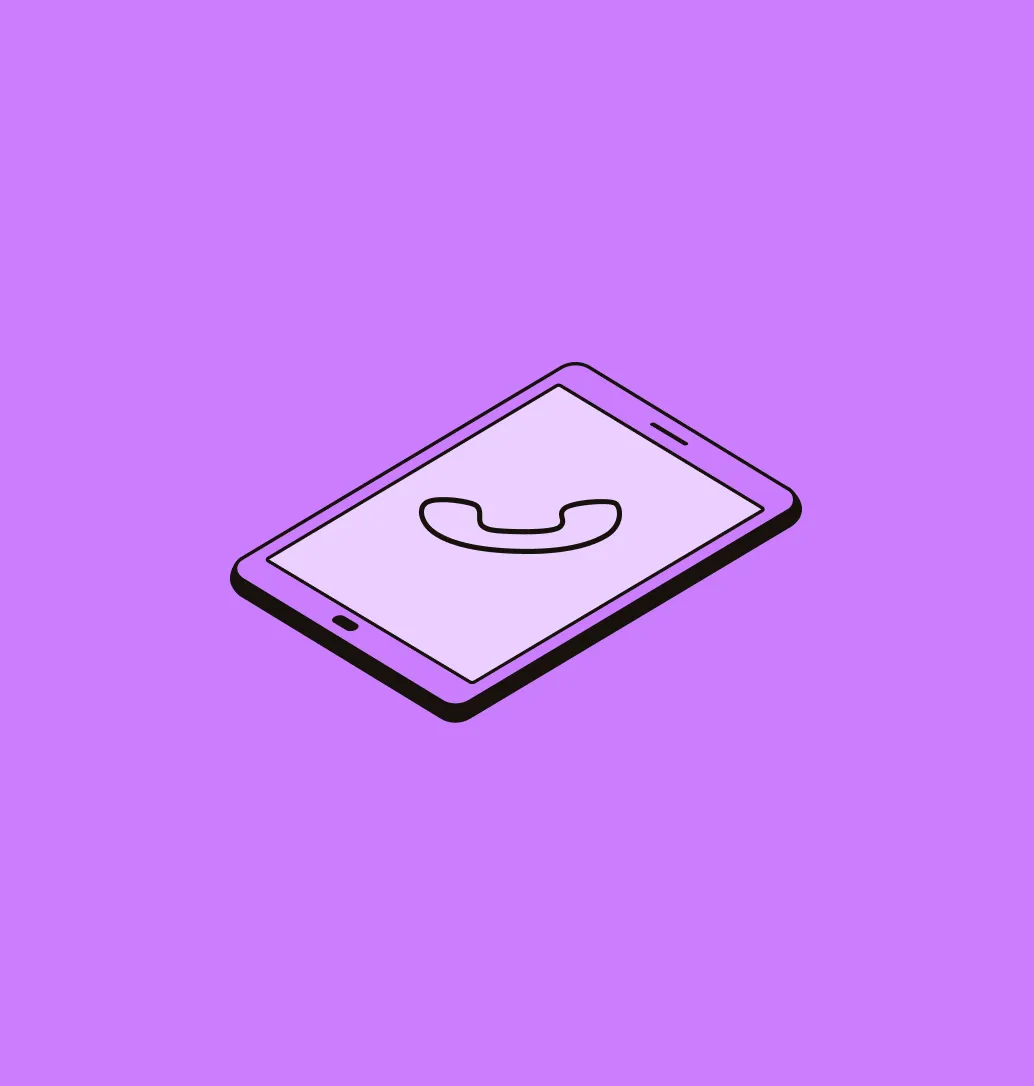 Illustration of a smartphone with a phone receiver icon on its screen on a purple background.