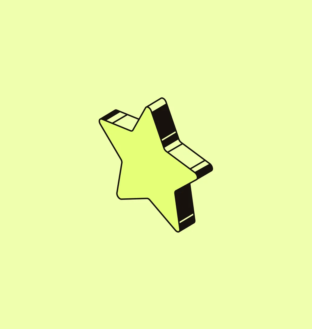 Three-dimensional yellow star with black outlines on a pale yellow background.