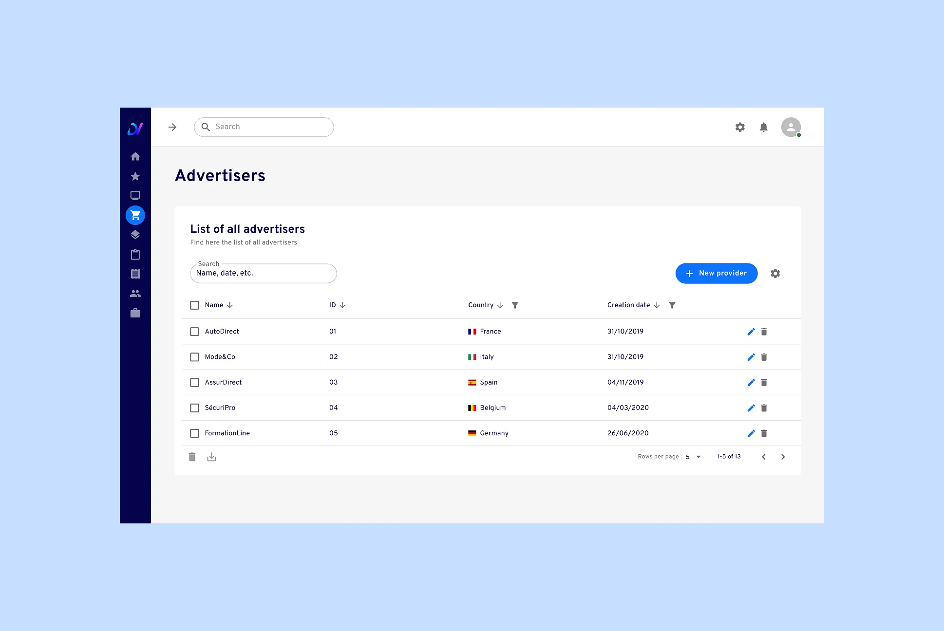 User interface showing a list of advertisers with columns for name, ID, country with flags, and creation date, and a button to add a new provider.