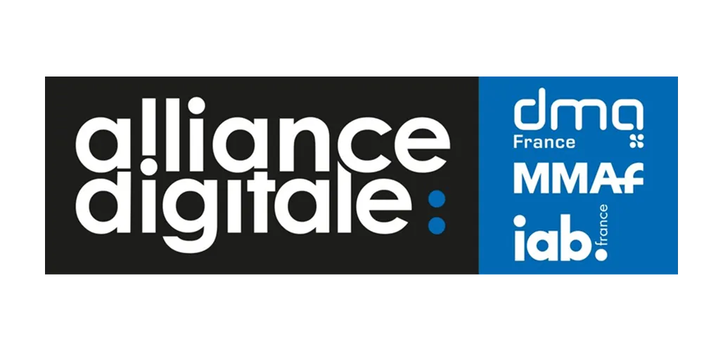 Alliance Digitale logo with dma France, MMAF, and iab France logos on a black and blue background.