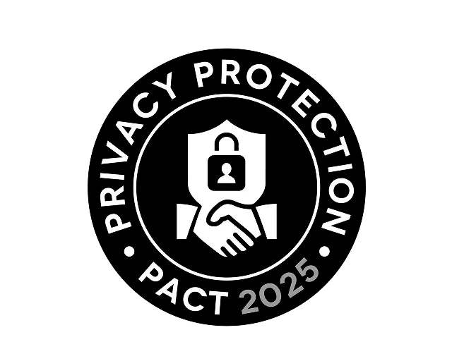 White emblem on black background featuring a shield with a padlock above a handshake, encircled by the text 'Privacy Protection Pact 2025'.