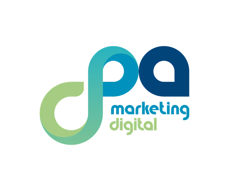 Logo with stylized initials 'pa' in blue and green shades and text 'marketing digital'.