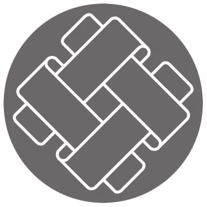 Circular logo featuring a stylized woven pattern with interlocking rectangular shapes.